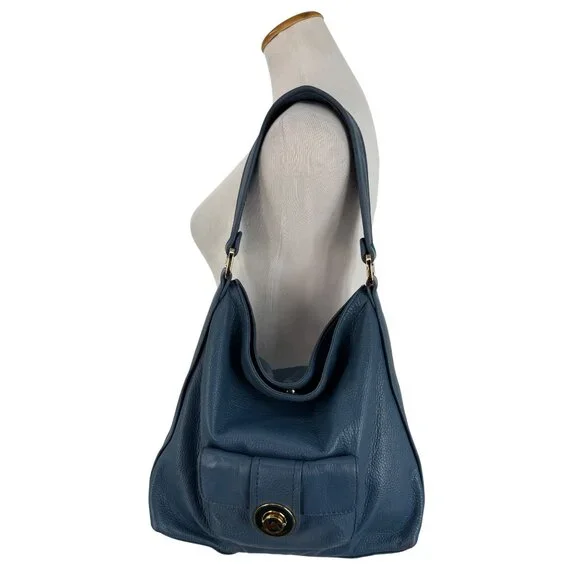 Michael Kors Pushlock Blue Leather Shoulder Bag Gold-Tone Hardware Front Pocket - Picture 13 of 14